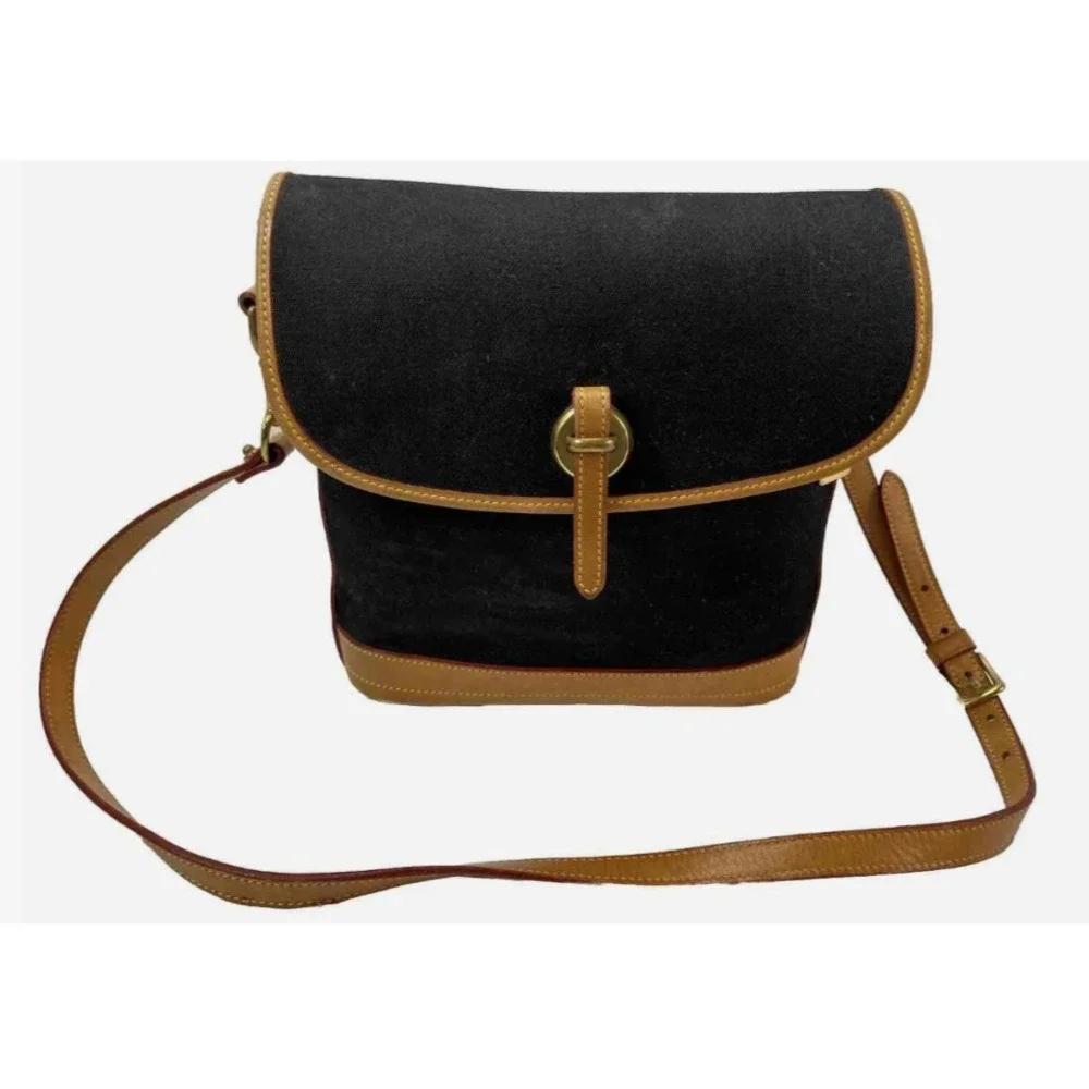 Dooney & Bourke Black Canvas/ Light Tan Leather Medium Flap Crossbody Bag Purse